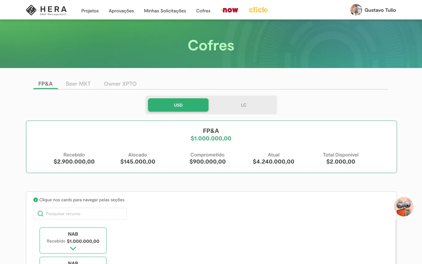 Gestão de Portfólio Ambev HERA — Cofres de verba