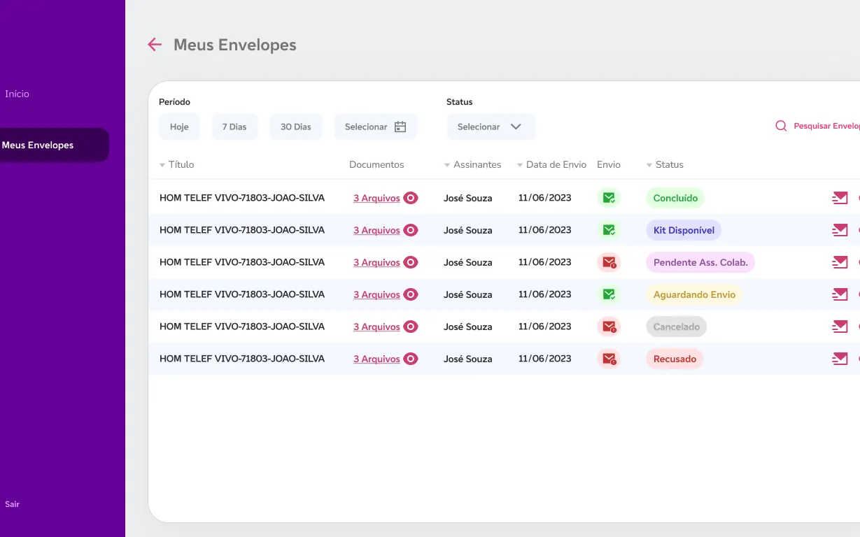 Plataforma de Assinatura Digital Vivo — Meus envelopes