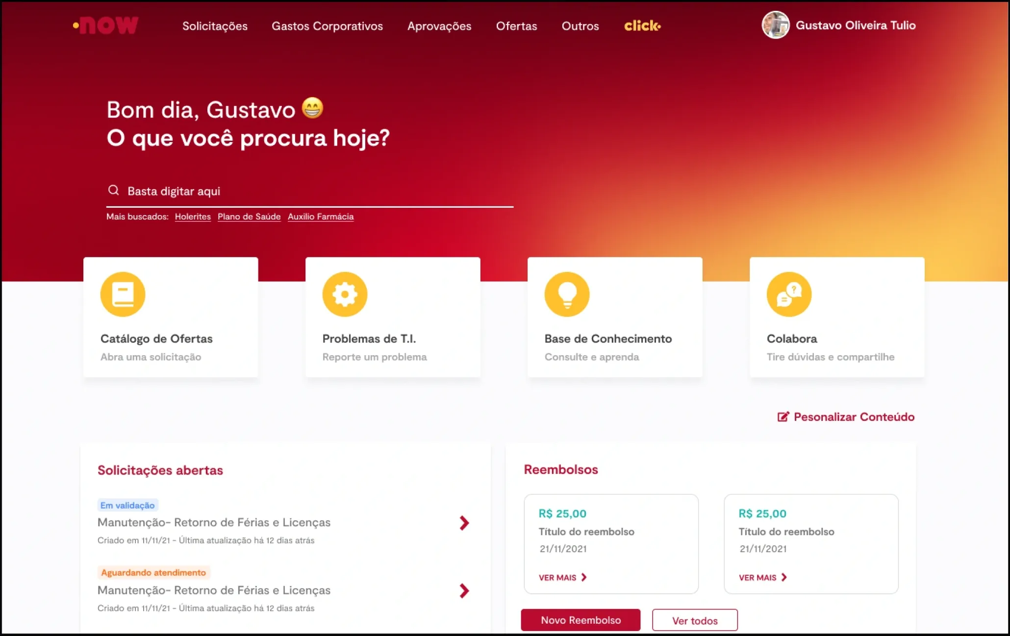 Portal de Serviços da Ambev: UI final — home do .now